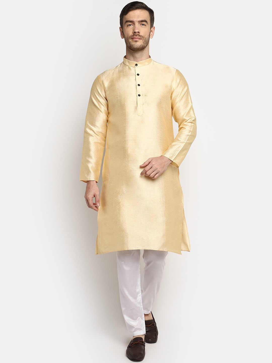 

DEVOILER Mandarin Collar Long Sleeves Straight Silk Regular Kurta, Cream