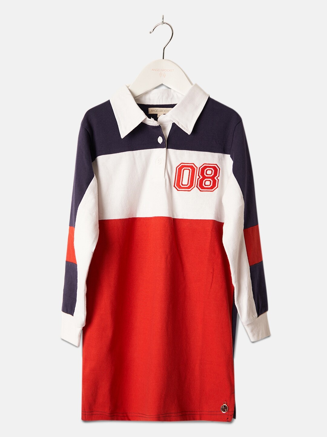 

Angel & Rocket Girls Red & Cream-Coloured Colourblocked Cotton T-shirt Dress