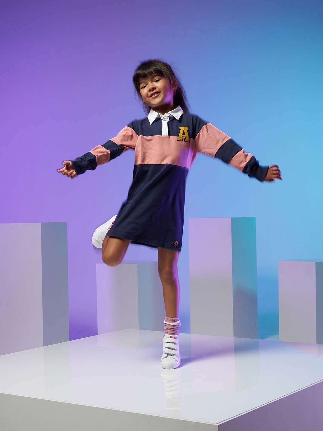 

Angel & Rocket Girls Navy Blue & Pink Colourblocked Cotton T-shirt Dress