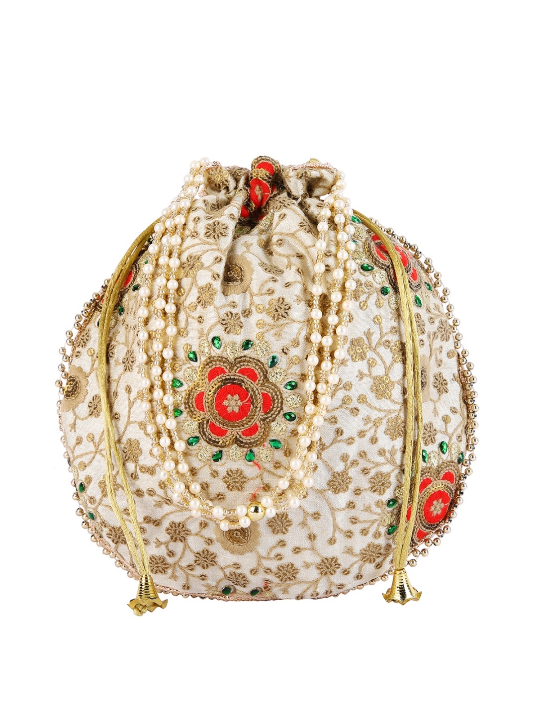 

ROMEE Cream-Coloured & Gold-Toned Embroidered Potli Clutch