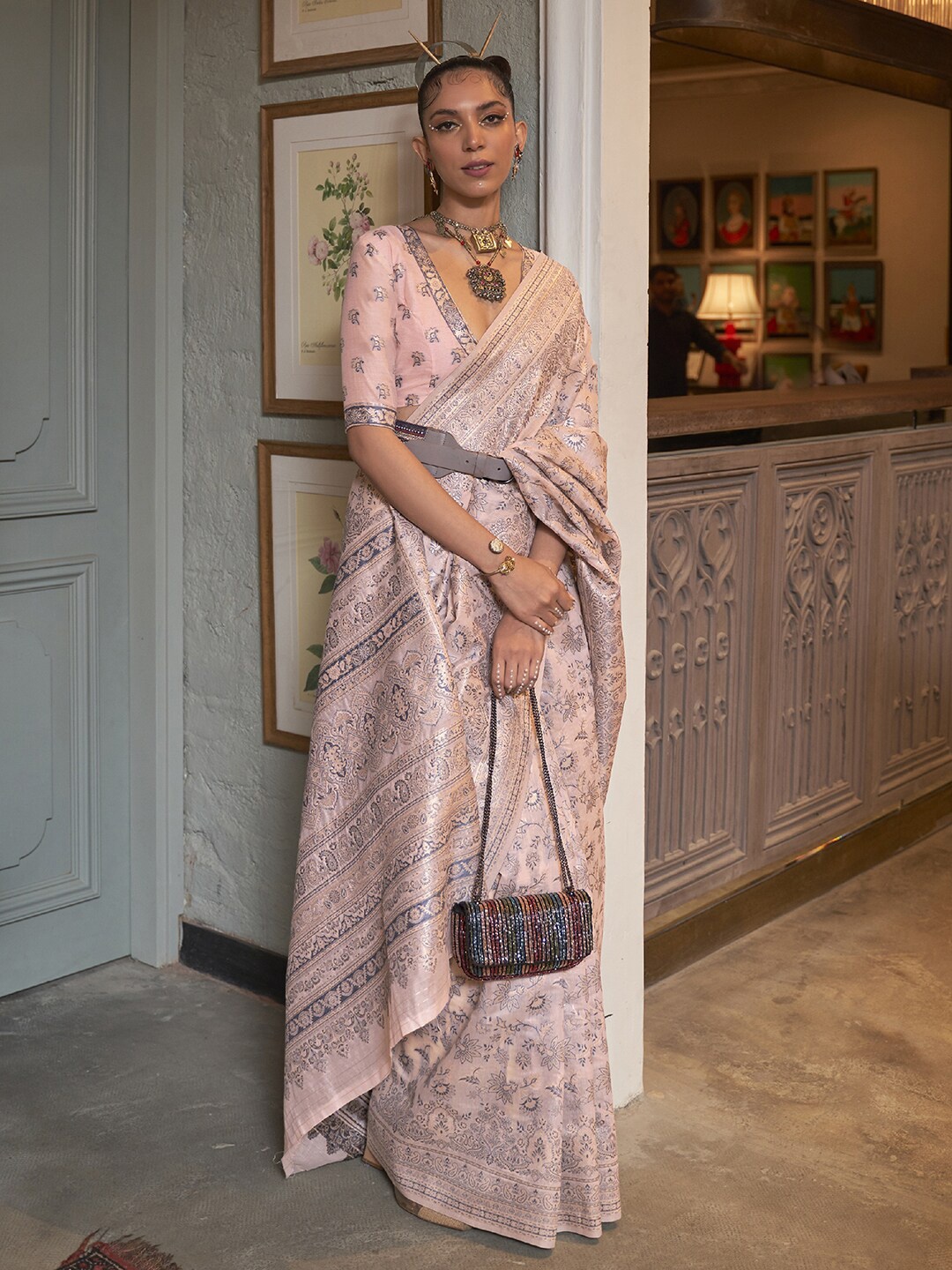 

Mitera Peach-Coloured & Grey Ethnic Motifs Zari Banarasi Saree