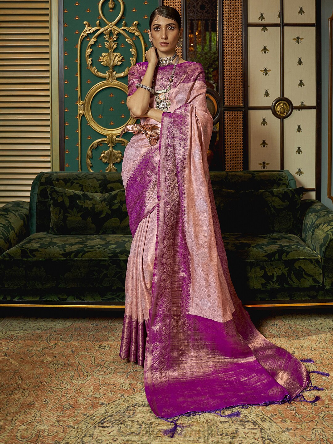 

Mitera Pink & Purple Ethnic Motifs Zari Silk Blend Banarasi Saree