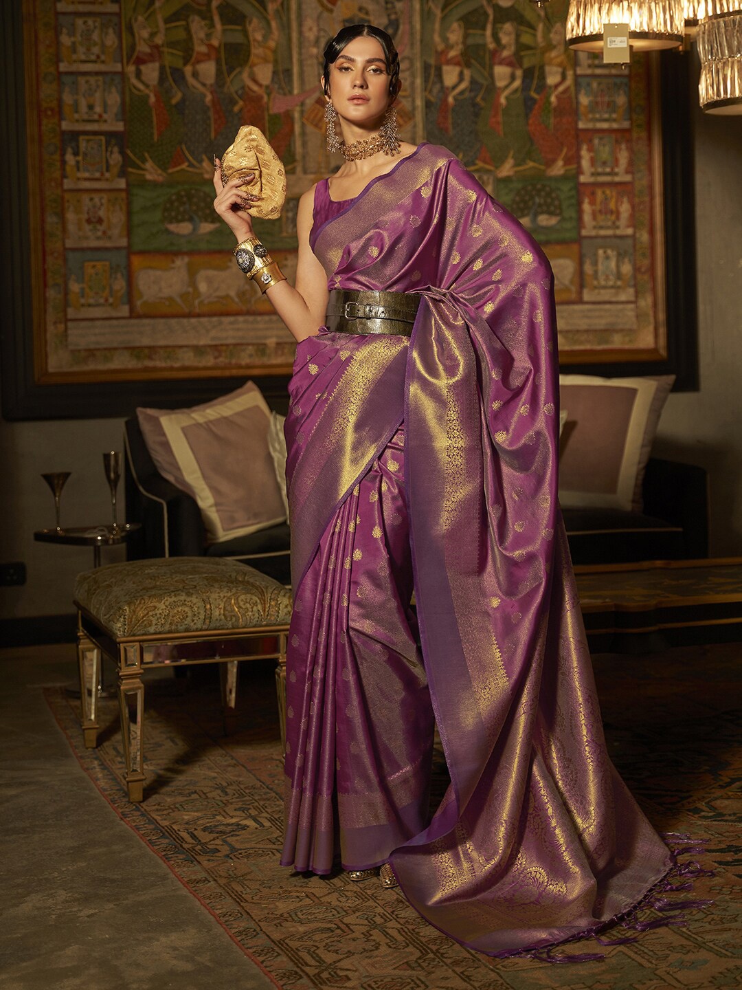 

Mitera Purple & Gold-Toned Ethnic Motifs Zari Silk Blend Bagru Saree