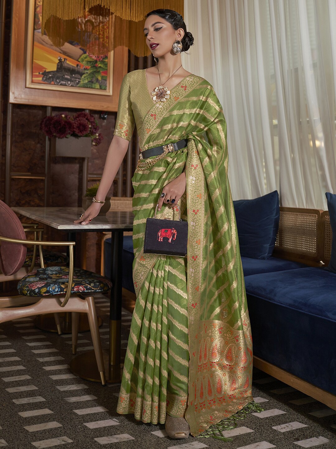 

Mitera Olive Green & Gold-Toned Leheriya Zari Organza Leheriya Saree