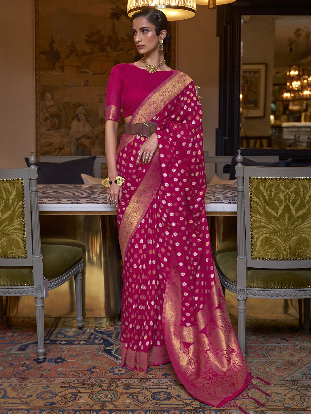 

Mitera Pink & Gold-Toned Ethnic Motifs Zari Silk Blend Banarasi Saree