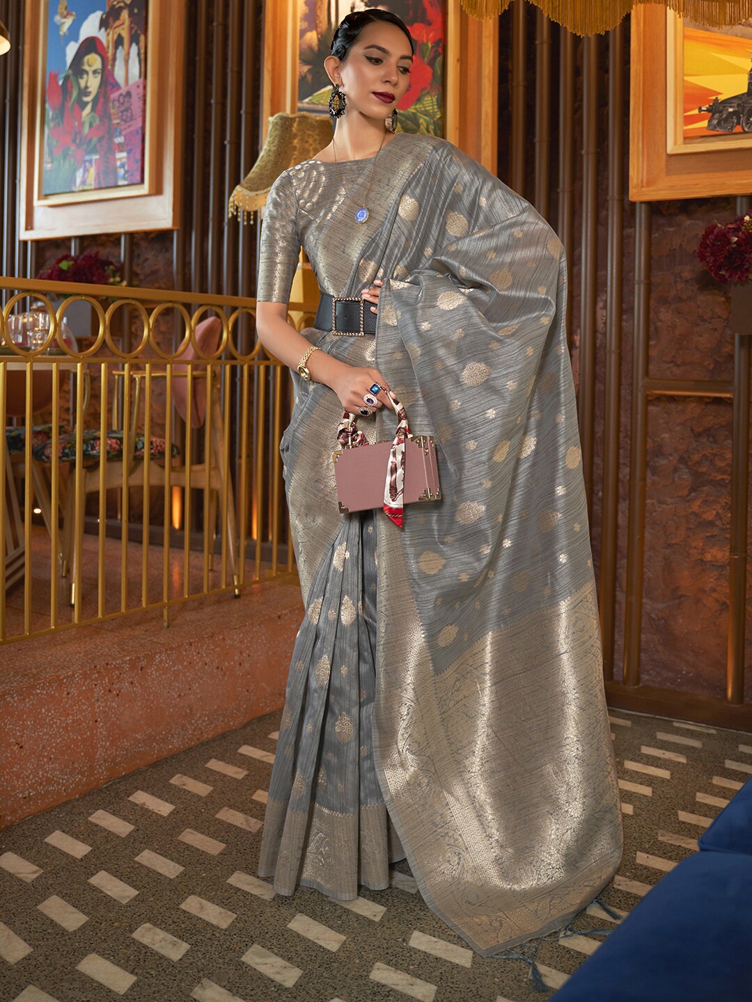 

Mitera Grey & Silver-Toned Ethnic Motifs Zari Silk Blend Bagru Saree
