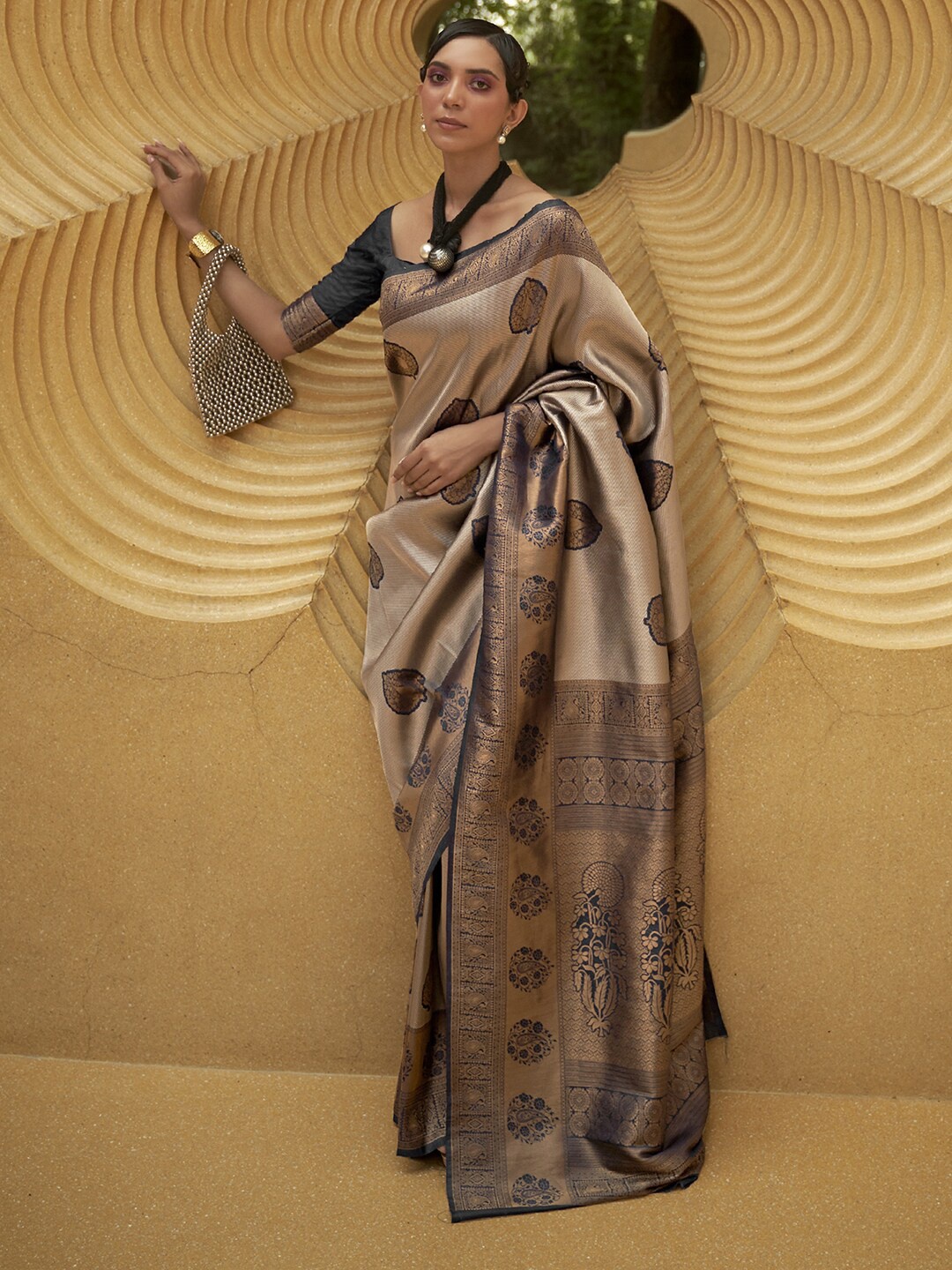 

Mitera Beige & Grey Woven Design Zari Banarasi Saree