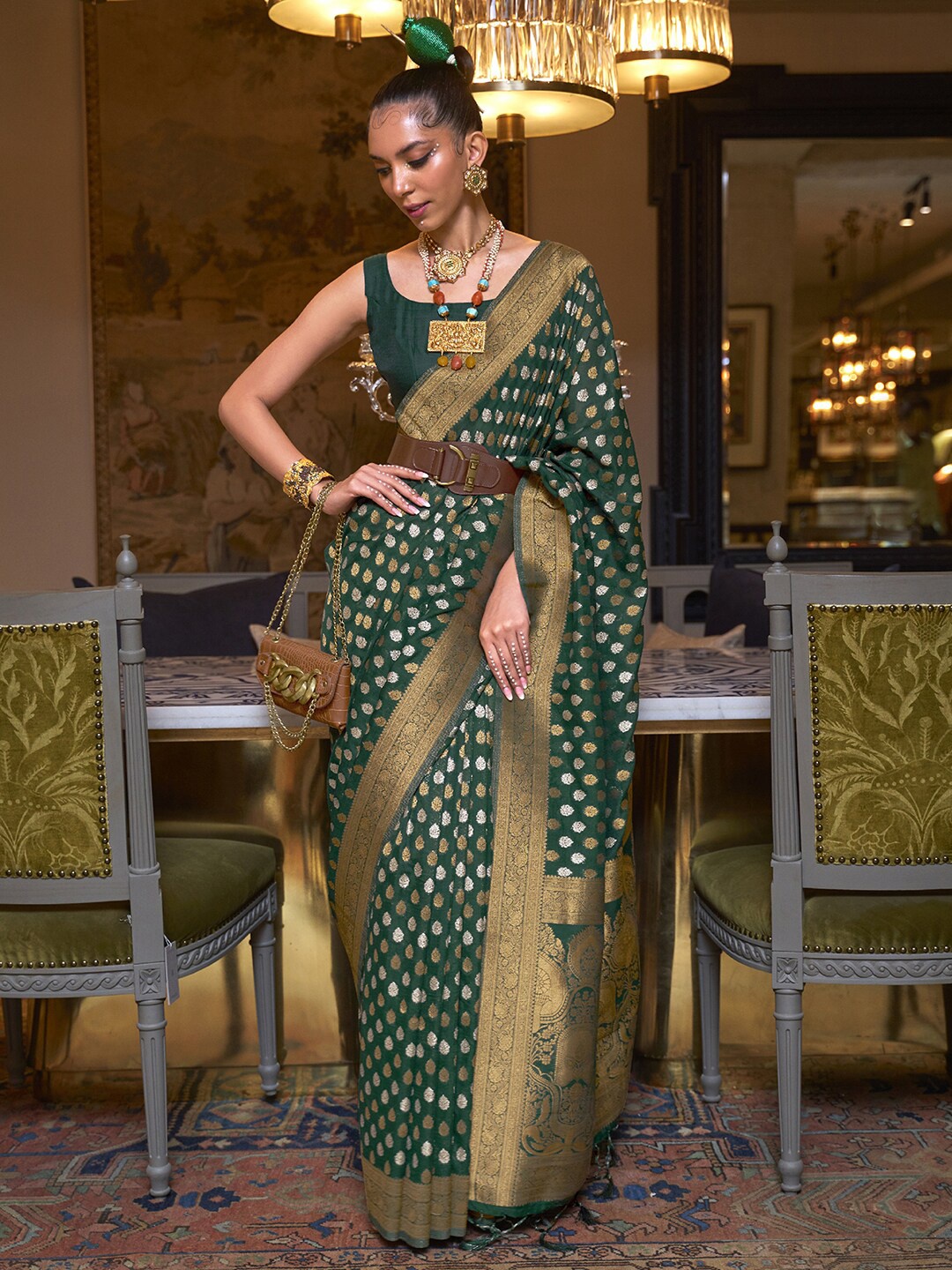 

Mitera Navy Blue Ethnic Motifs Zari Silk Blend Banarasi Saree