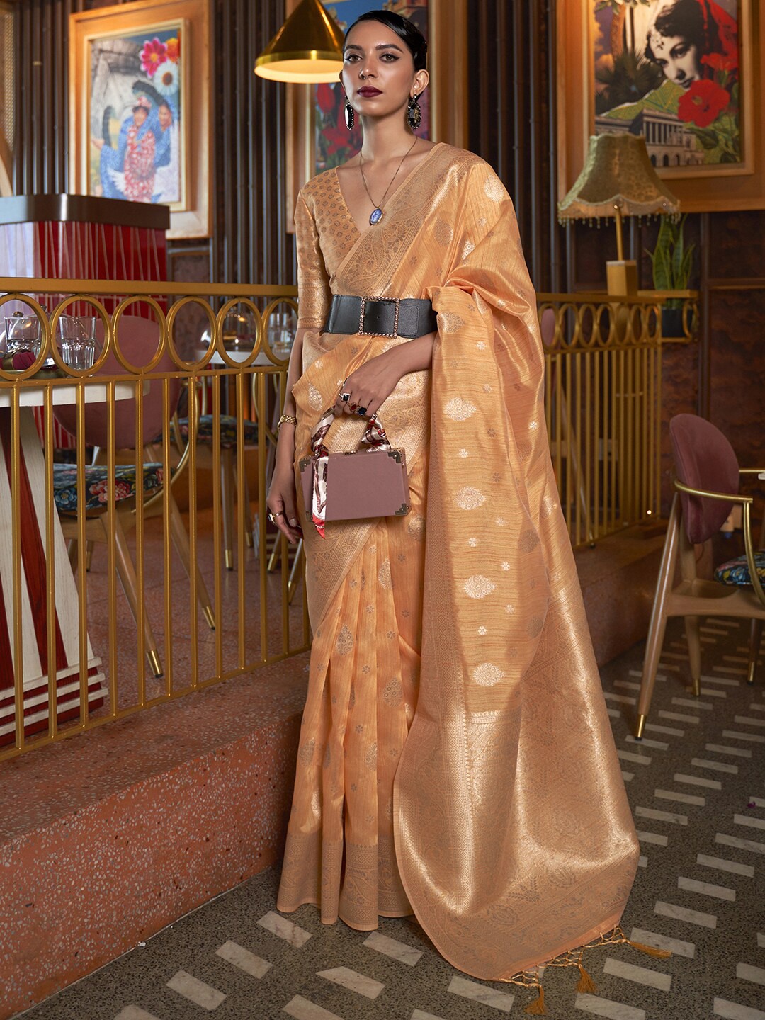 

Mitera Orange & Gold-Toned Ethnic Motifs Zari Silk Blend Bagru Saree