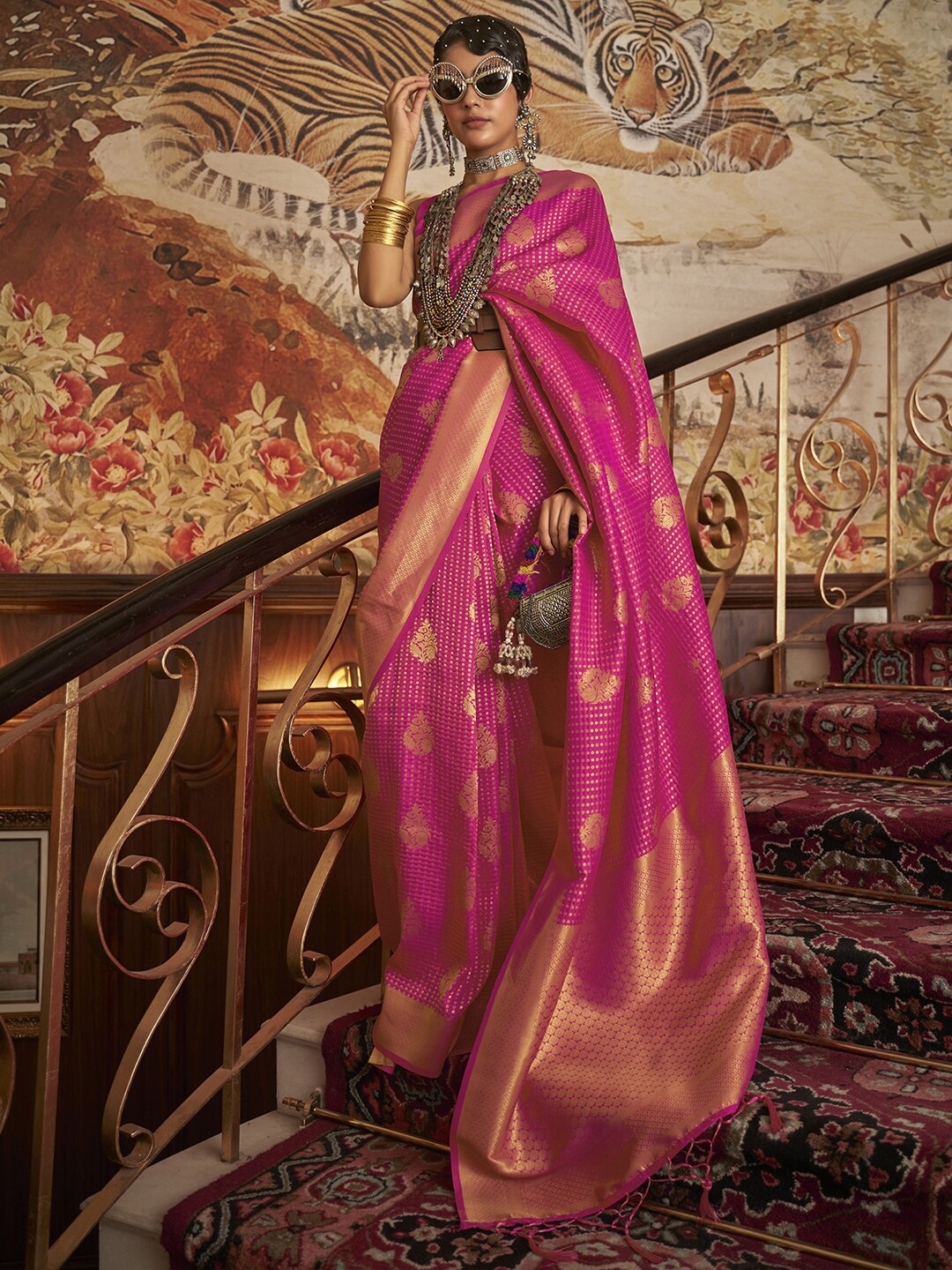 

Mitera Magenta & Grey Woven Design Zari Bagh Saree