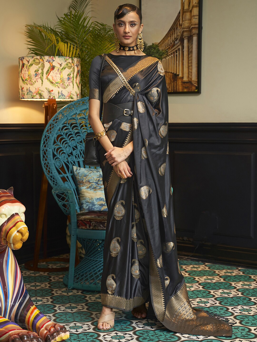 

Mitera Black & Gold-Toned Paisley Zari Silk Blend Bagru Saree