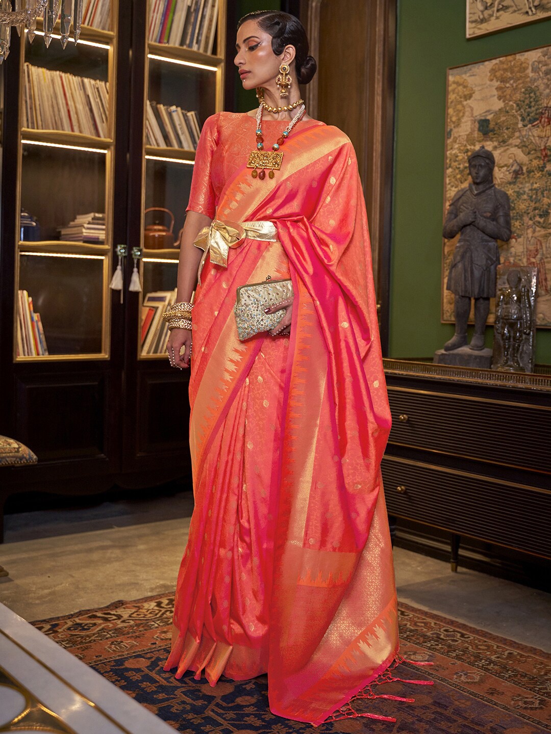 

Mitera Peach-Coloured & Grey Ethnic Motifs Zari Silk Blend Kanjeevaram Saree