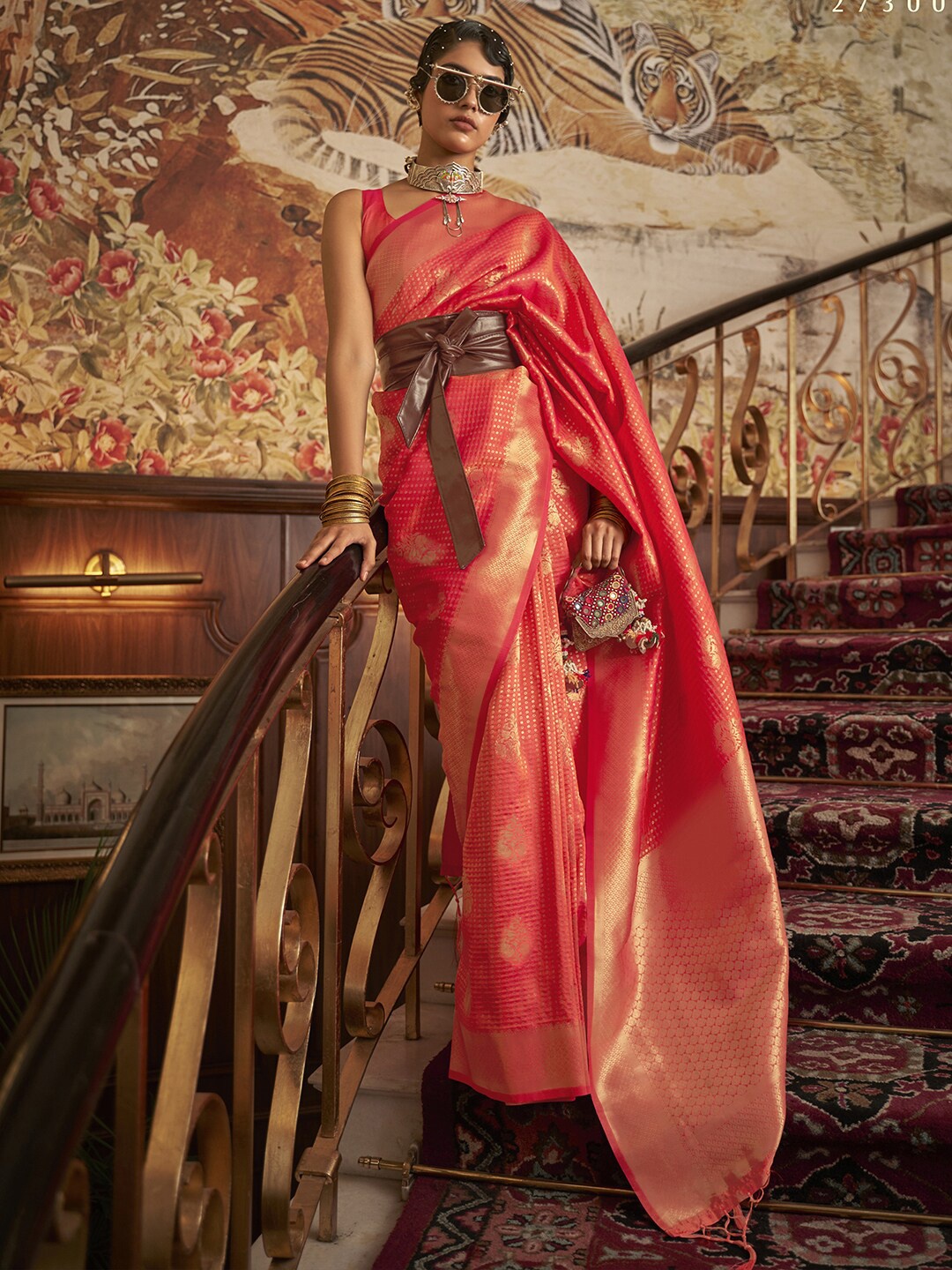 

Mitera Peach-Coloured & Gold-Toned Woven Design Zari Silk Blend Bagh Saree