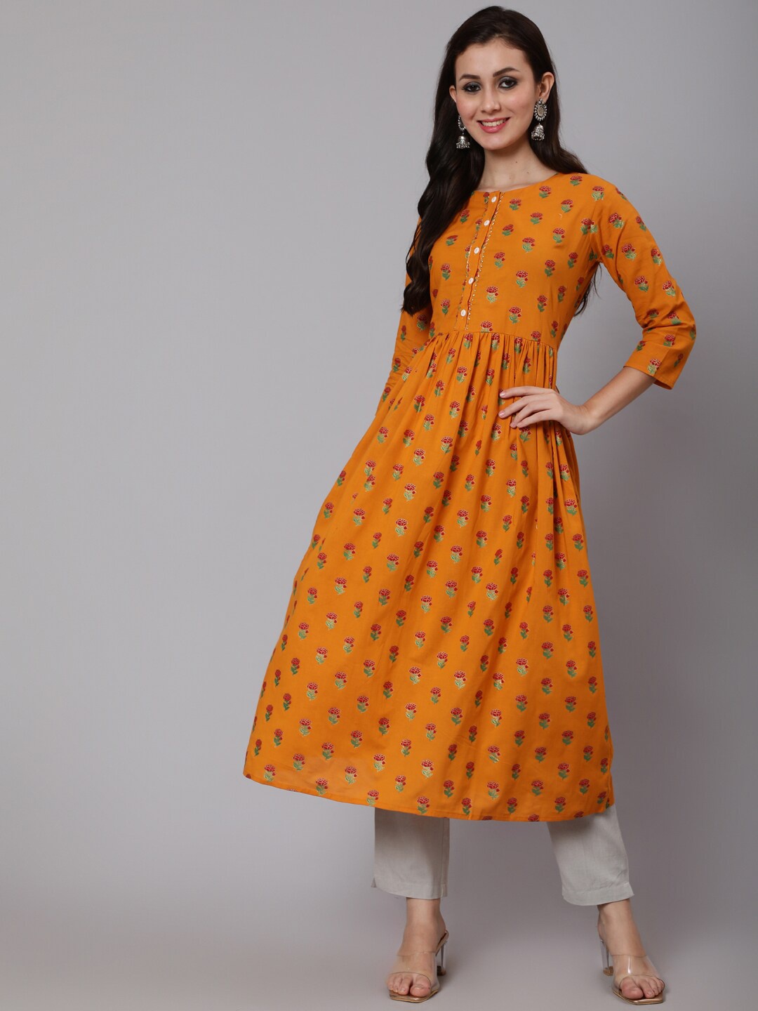 

WOMENCLICK Floral Printed A-Line Pleated Cotton Kurta, Mustard
