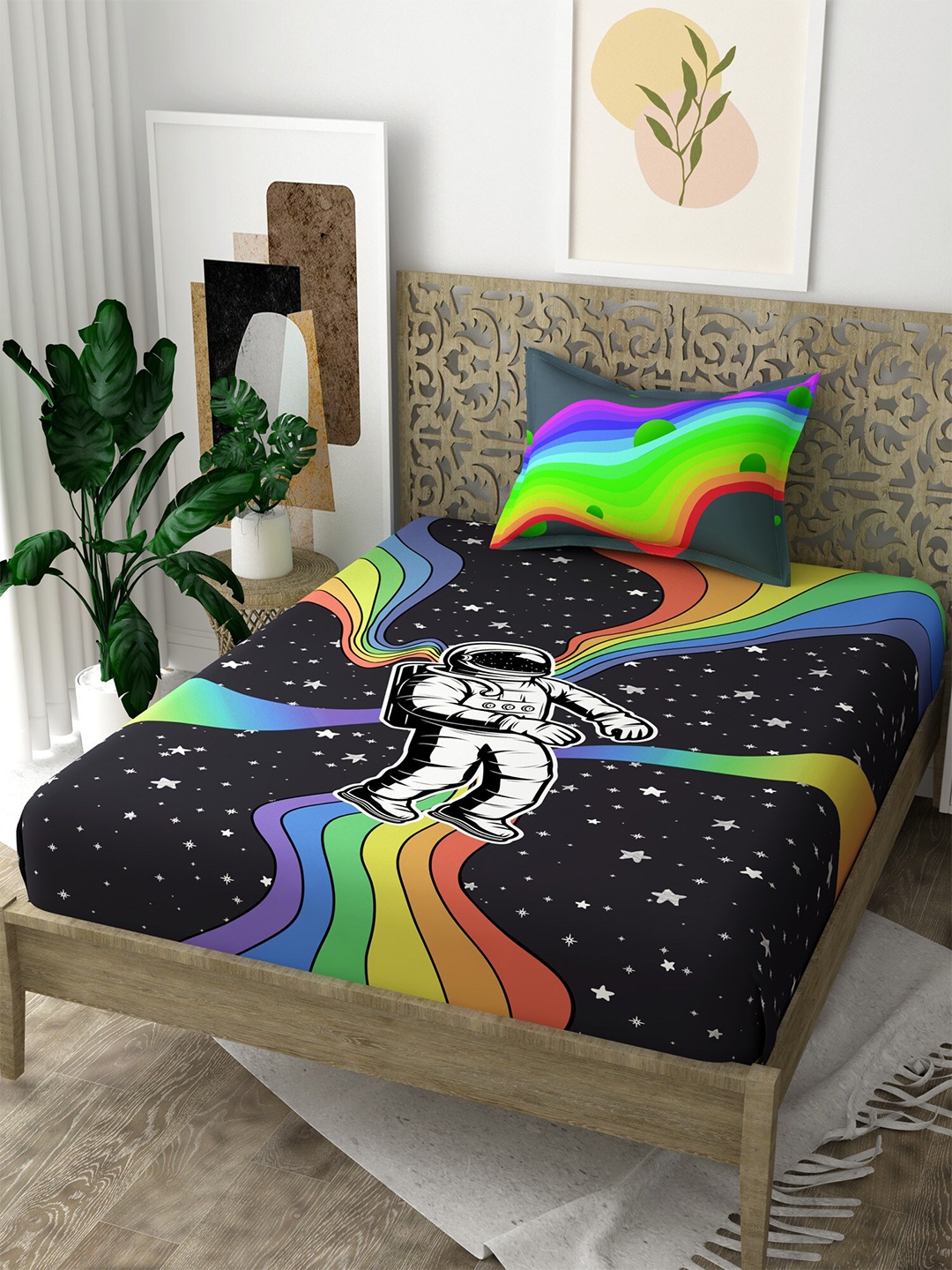 

EverHOME Black & Green Printed 160 TC Cotton Single Bedsheet with 1 Pillow Cover