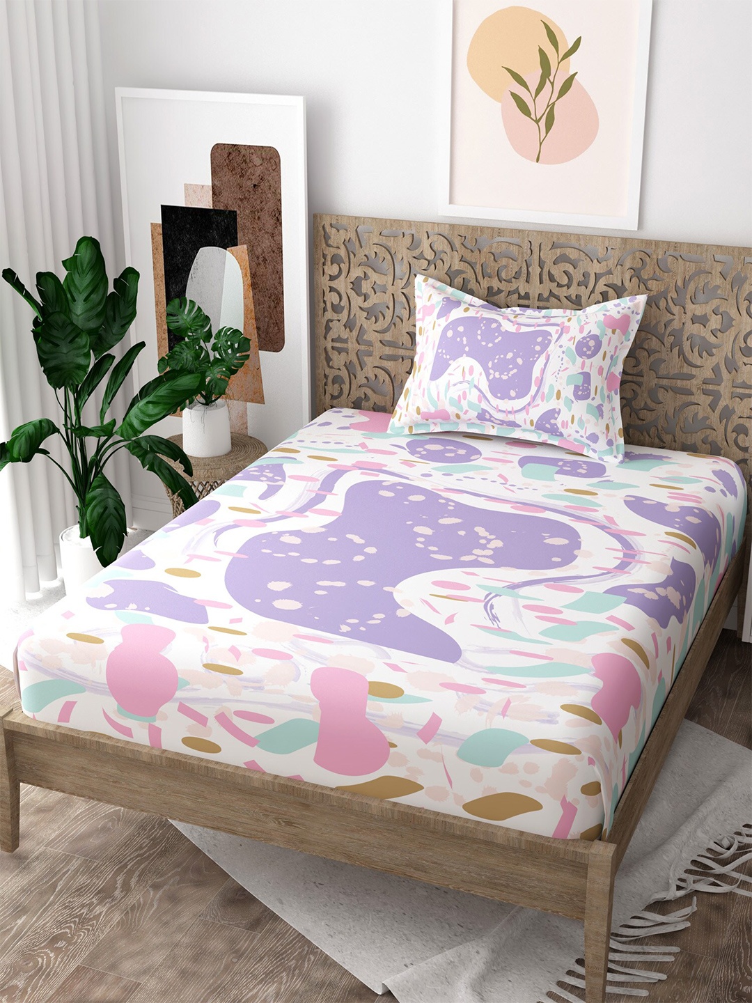 

EverHOME White & Purple Printed 160 TC Cotton Single Bedsheet with 1 Pillow Cover