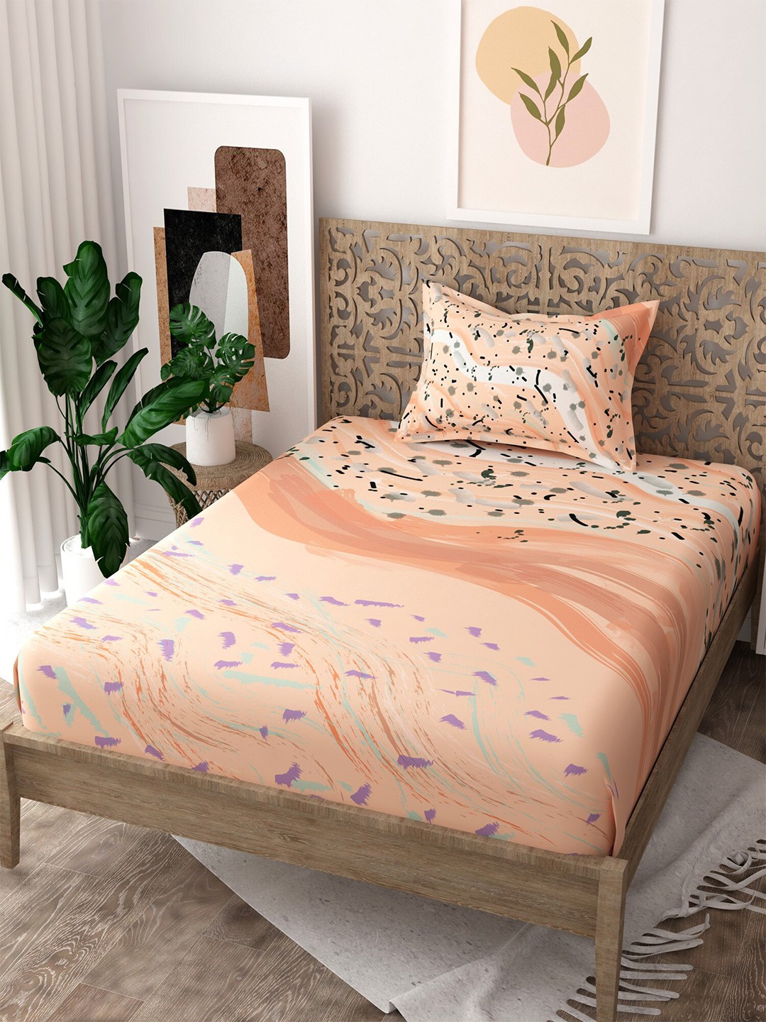 

EverHOME Gen-Z Printed 160 TC Cotton Single Bedsheet with 1 Pillow Cover, Peach