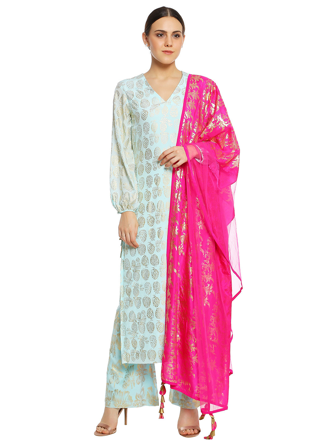 

Masaba Women Blue Ethnic Motifs Printed Kurta with Palazzos & With Dupatta