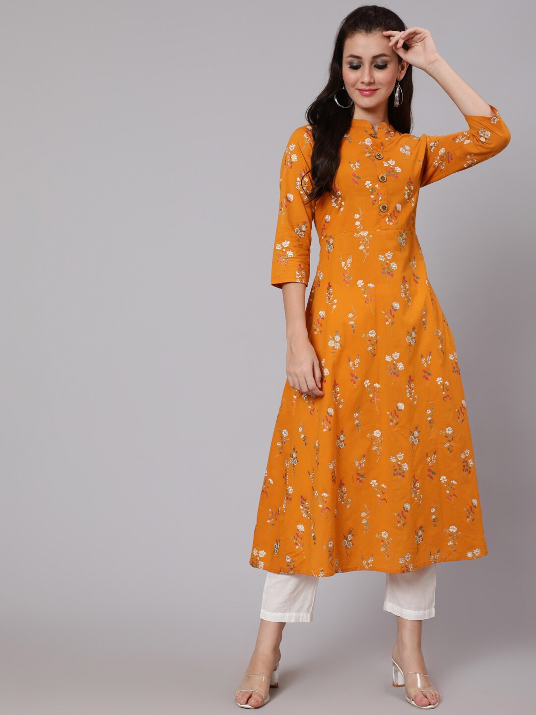 

WOMENCLICK Band Collar Floral Printed A-Line Regular Cotton Kurta, Mustard