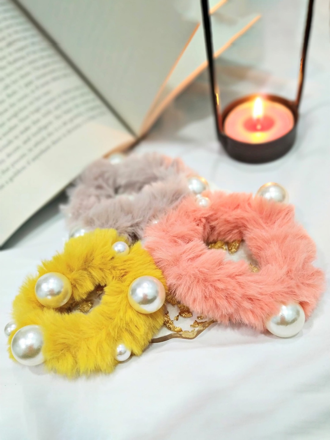 

FEMMIBELLA Women Yellow & Pink Set of 3 Fur Ponytail Holders