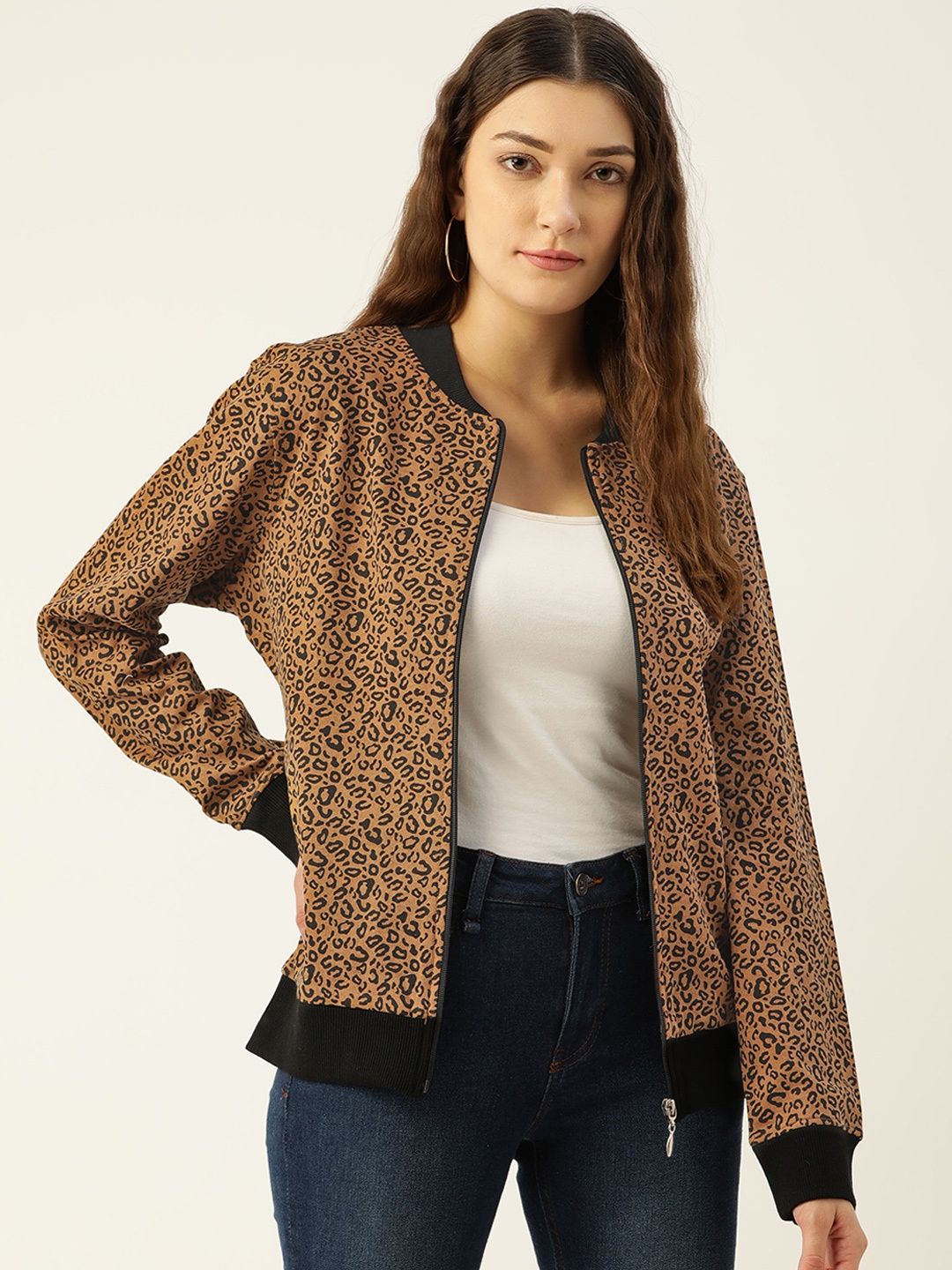 

WISSTLER Women Brown and Black Animal Print Bomber Jacket, Orange