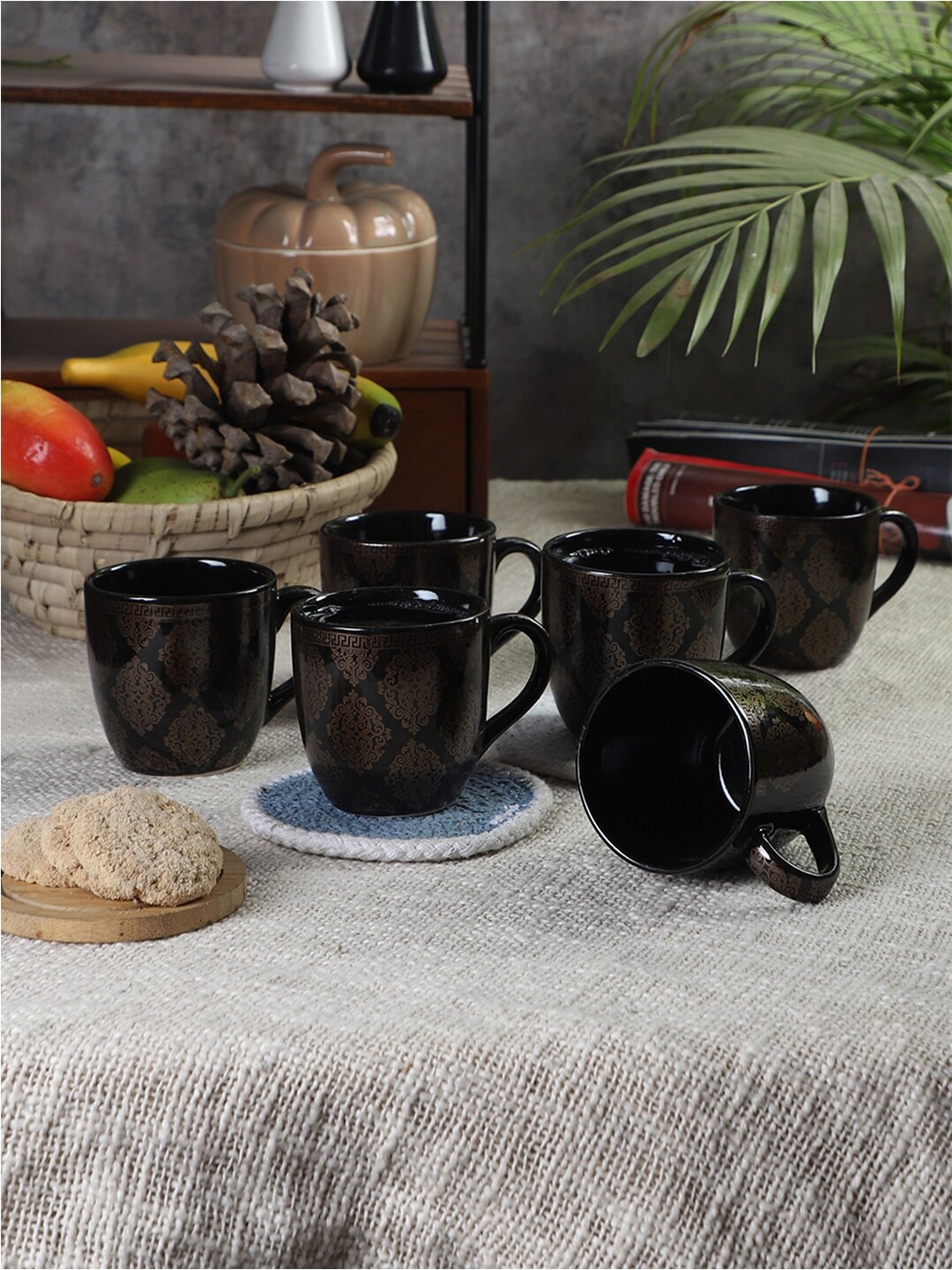 

CDI Black Set Of 6 Dishwasher & Microwave Safe Ceramic Mugs With Wooden Tray 200 ml Each