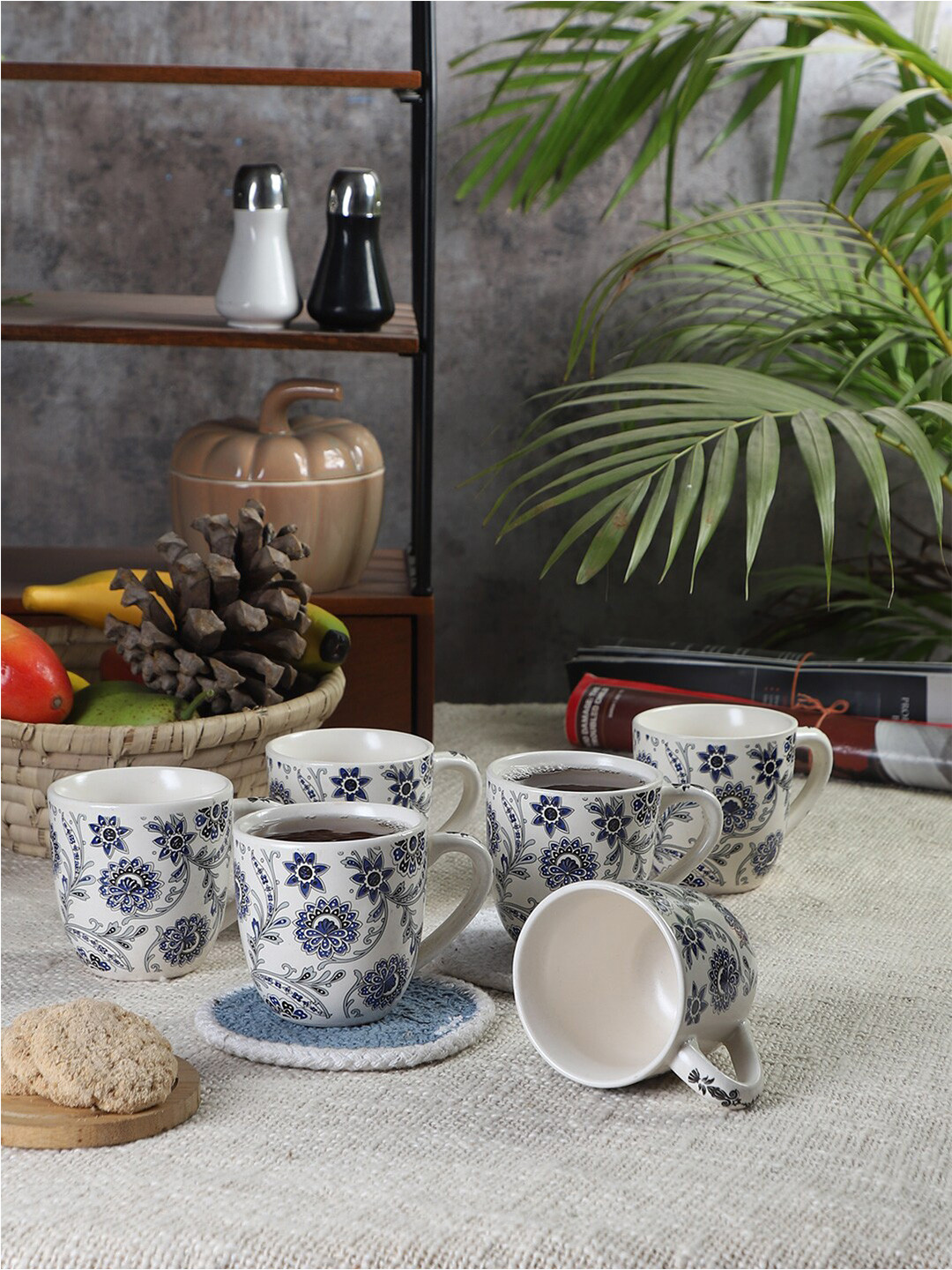 

CDI White & Blue Set of 6 Dishwasher And Microwave Safe Ceramic Matte Mugs 250 ML Each