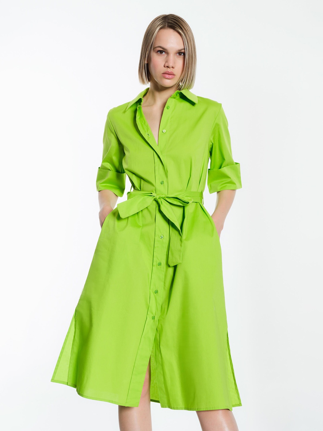 

KHUSHBOO AND PANKAJ Lime Green Solid Shirt Dress