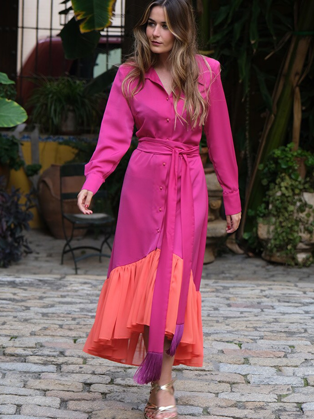 

KHUSHBOO AND PANKAJ Women Pink & Orange Shirt Midi Dress