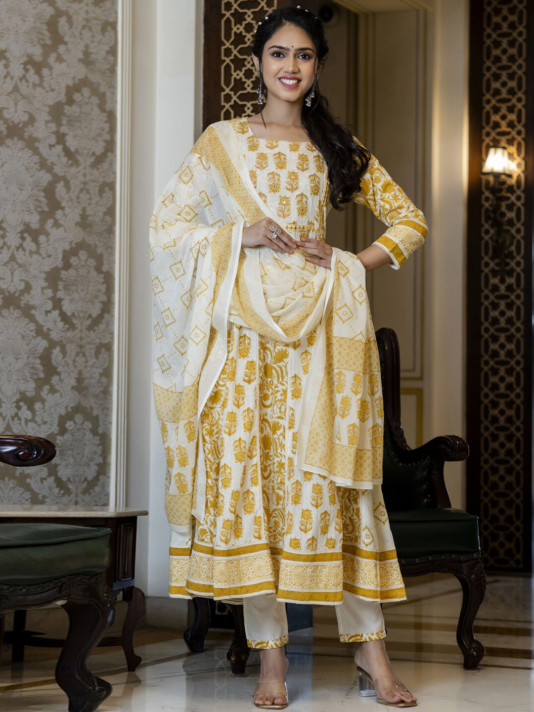 

PREKSHA Women Yellow Ethnic Motifs Printed Mirror Work Pure Cotton Kurta with Trousers & With Dupatta