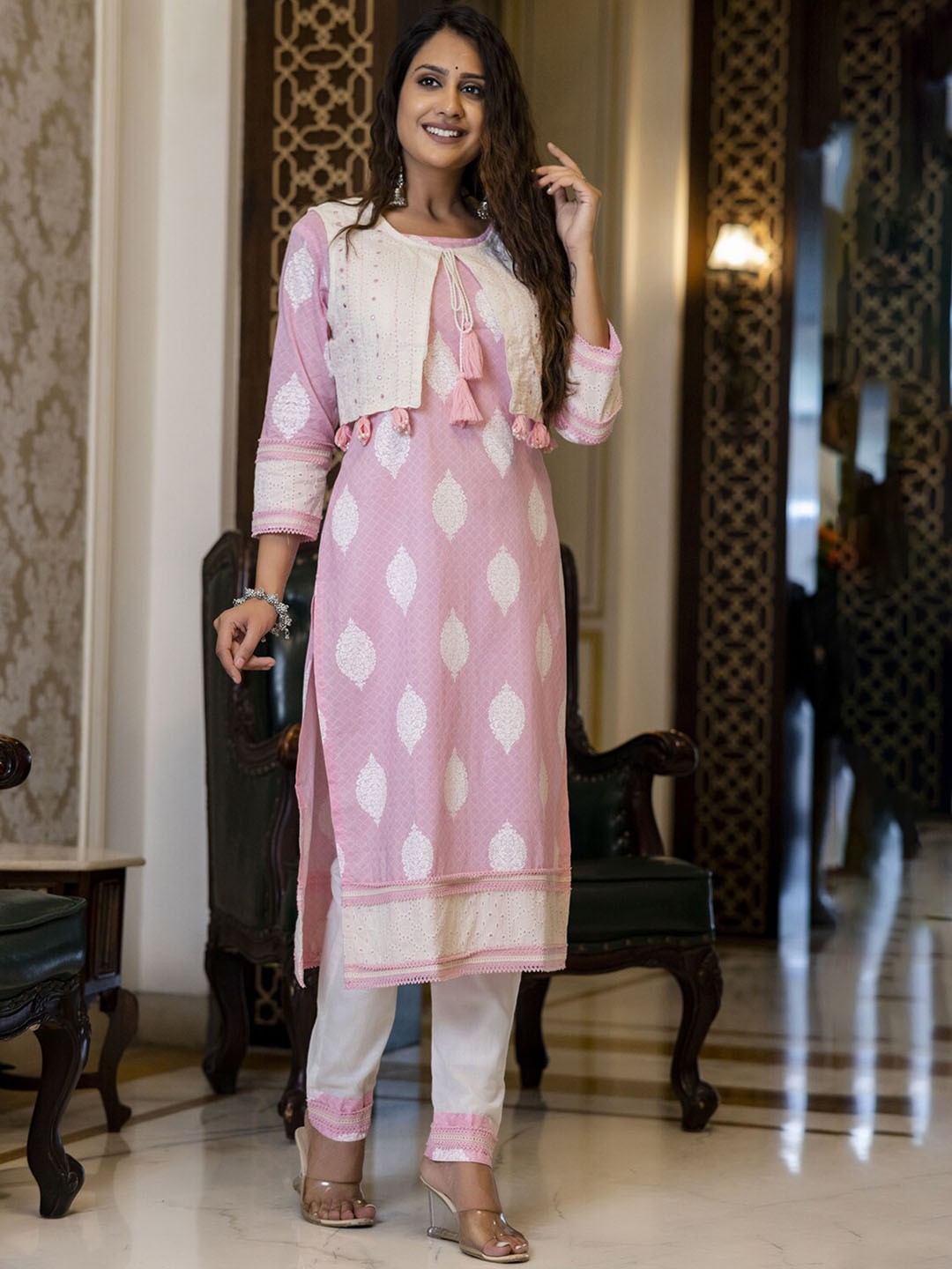 

PREKSHA Women Pink Printed Mirror Work Pure Cotton Kurta with Trousers