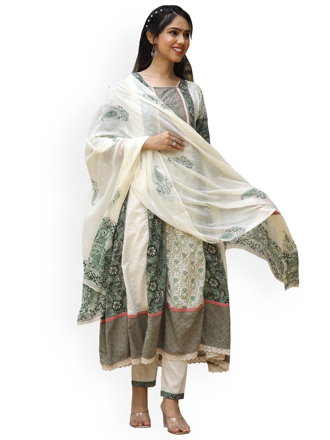 

PREKSHA Women Green Embroidered Mirror Work Pure Cotton Kurta with Trousers & With Dupatta