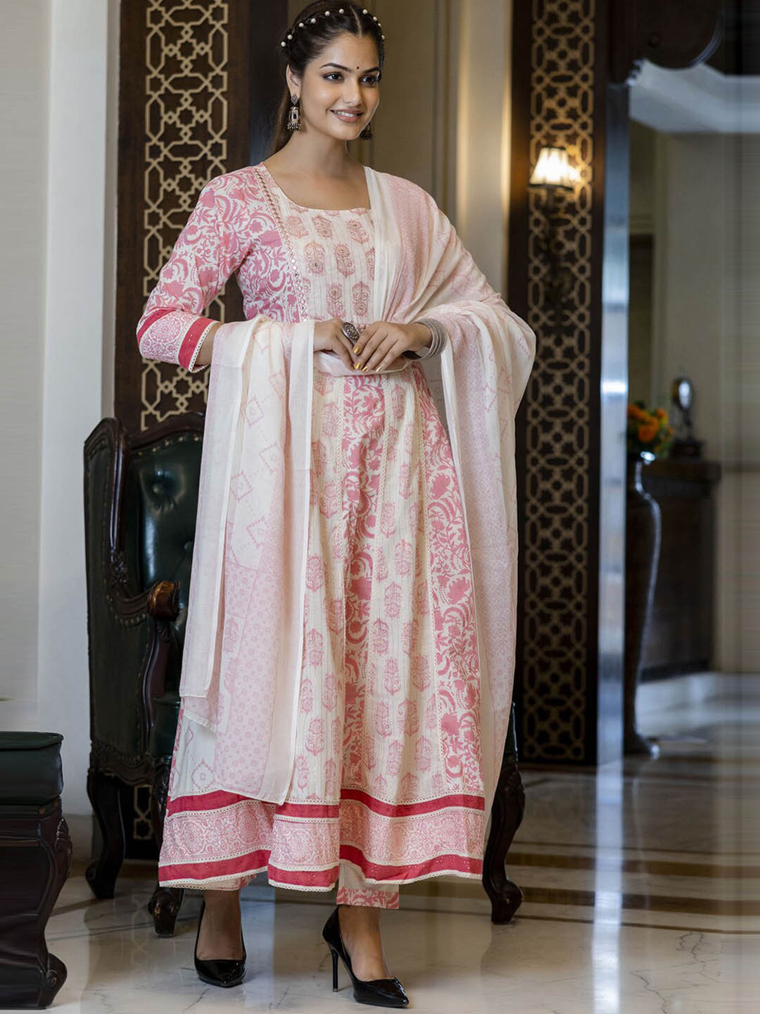 

PREKSHA Women Pink Printed Mirror Work Pure Cotton Kurta with Trousers & With Dupatta