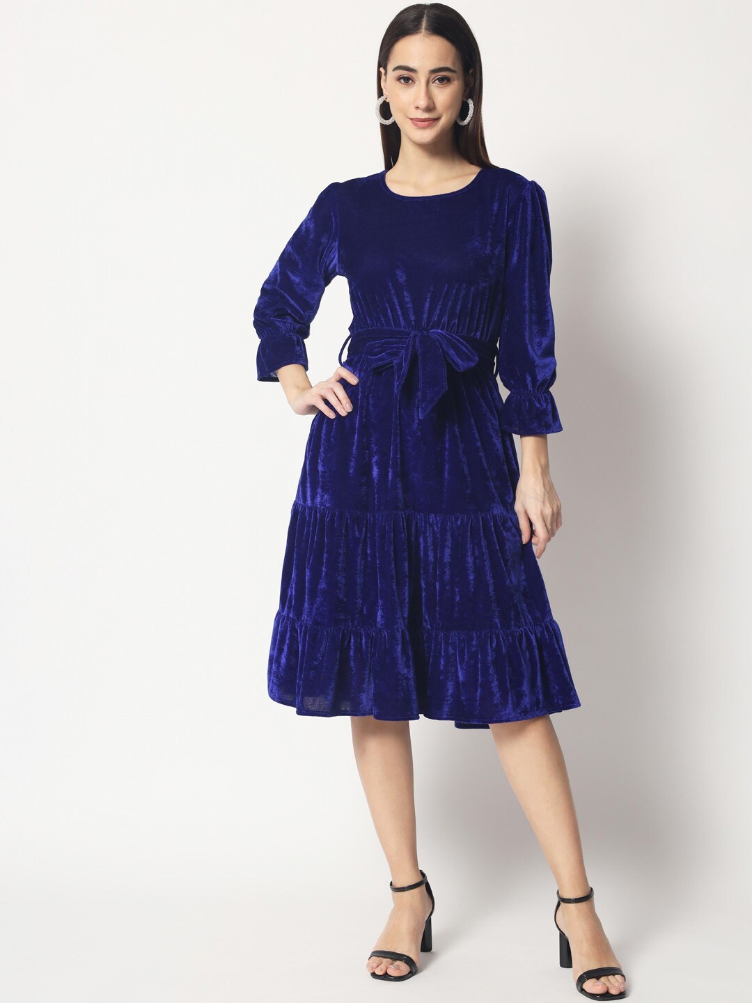 

Kannan Navy Blue Velvet Solid Tiered A-Line Dress