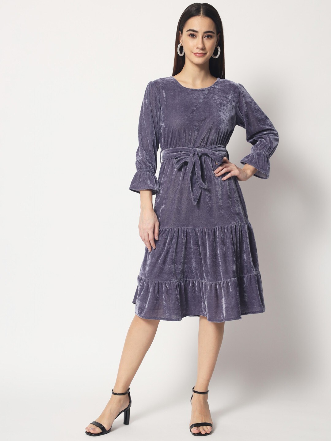 

Kannan Grey Velvet Solid Tiered A-Line Dress