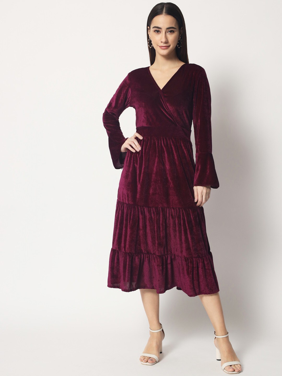 

Kannan Maroon Velvet Solid Tiered Midi Dress
