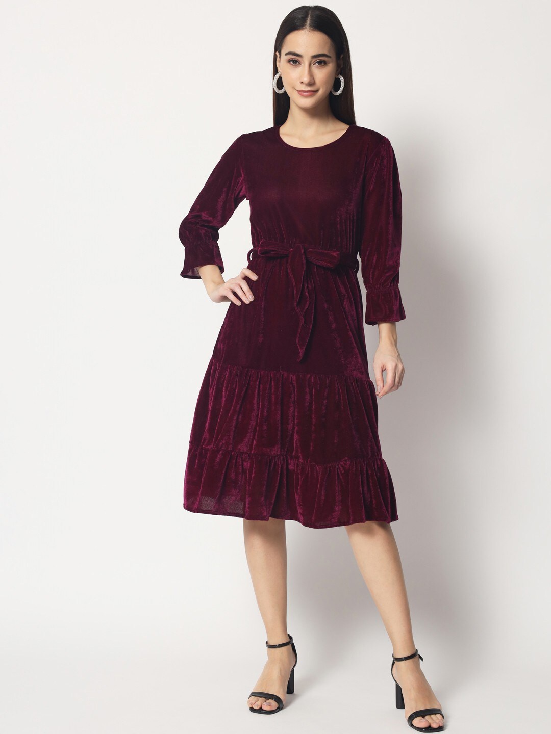 

Kannan Maroon Velvet A-Line Tiered Dress