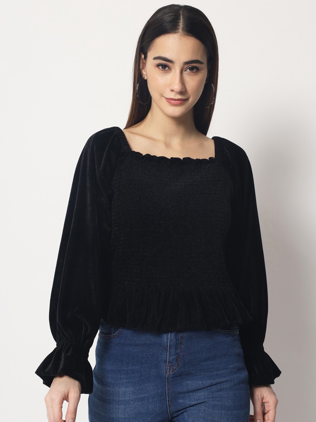 

Kannan Black Solid Smocked Velvet Top