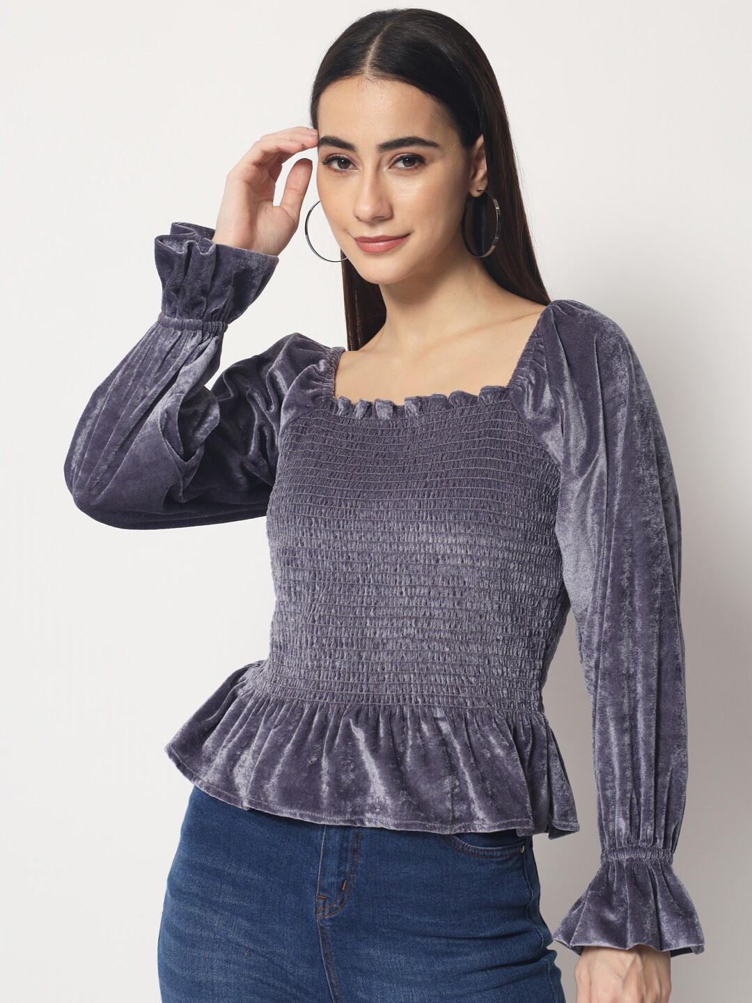 

Kannan Grey Solid Smocked Velvet Top