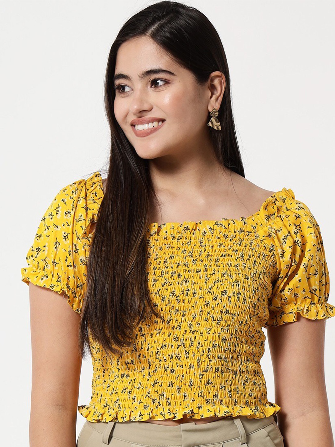 

Kannan Yellow Floral Printed Crepe Bardot Top