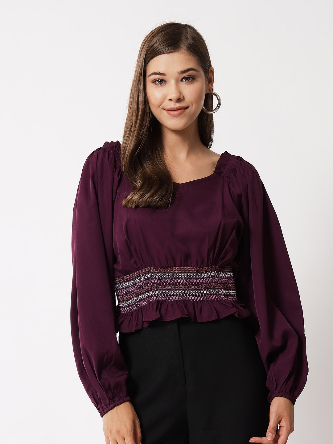 

Kannan Purple Solid Cinched Waist Crepe Top
