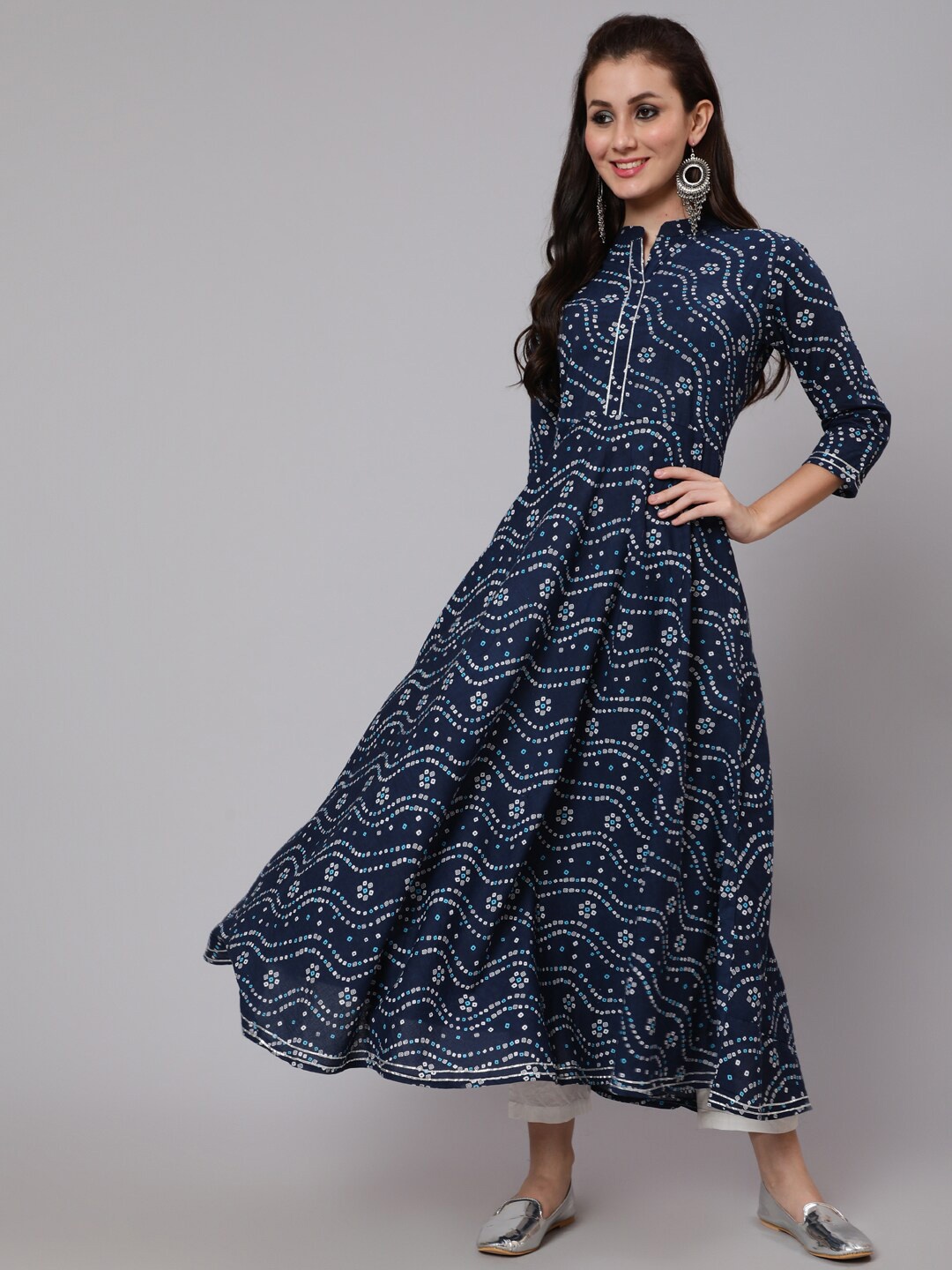 

WOMENCLICK Band Collar Bandhani Printed Linen Anarkali Kurta, Blue