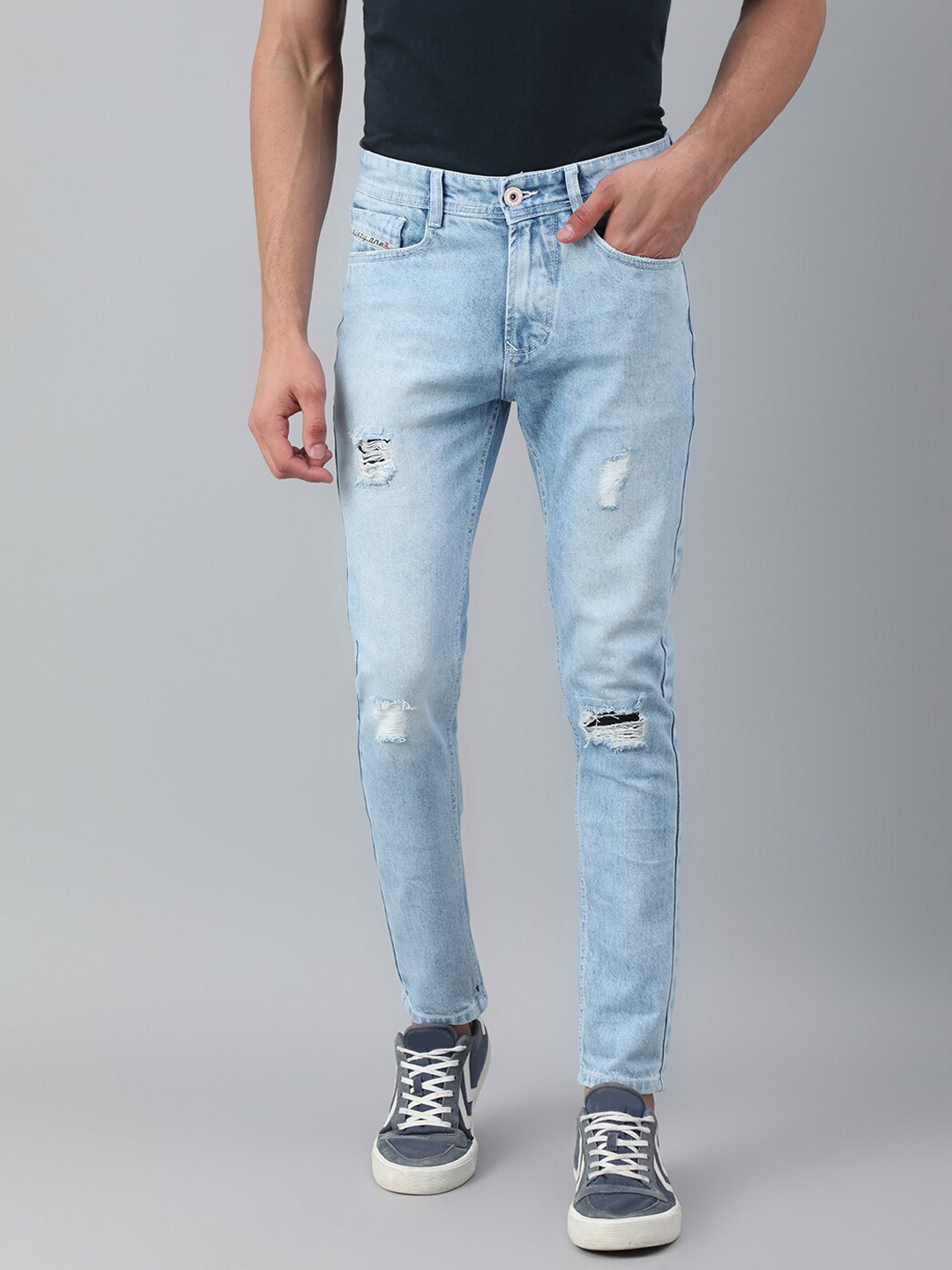 

Code 61 Men Blue Skinny Fit Low-Rise Cotton Slash Knee Heavy Fade Bleached Jeans