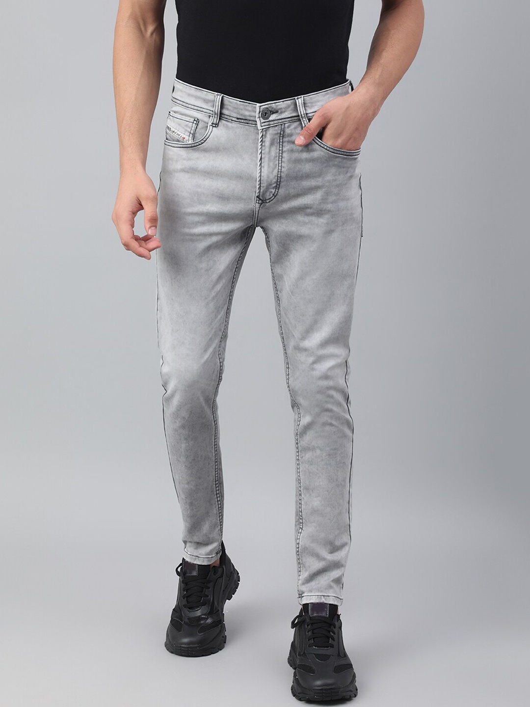 

Code 61 Men Skinny Fit Low-Rise Heavy Fade Stretchable Jeans, Silver