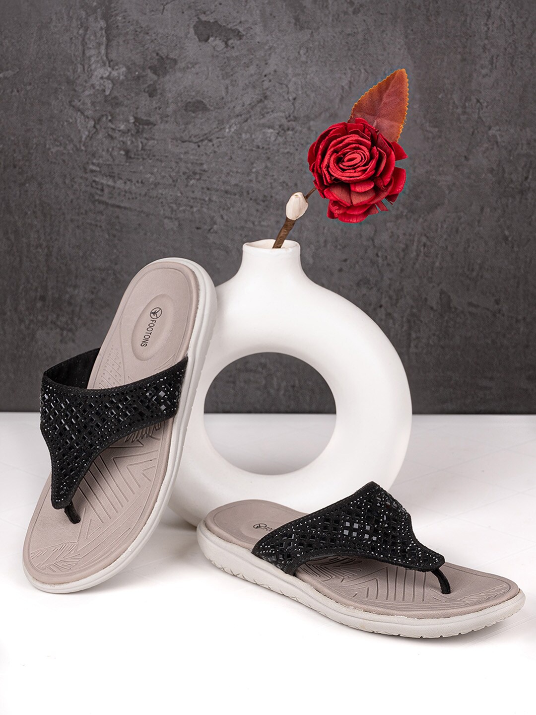 

FOOTONS Women Black Open Toe Flats with Laser Cuts