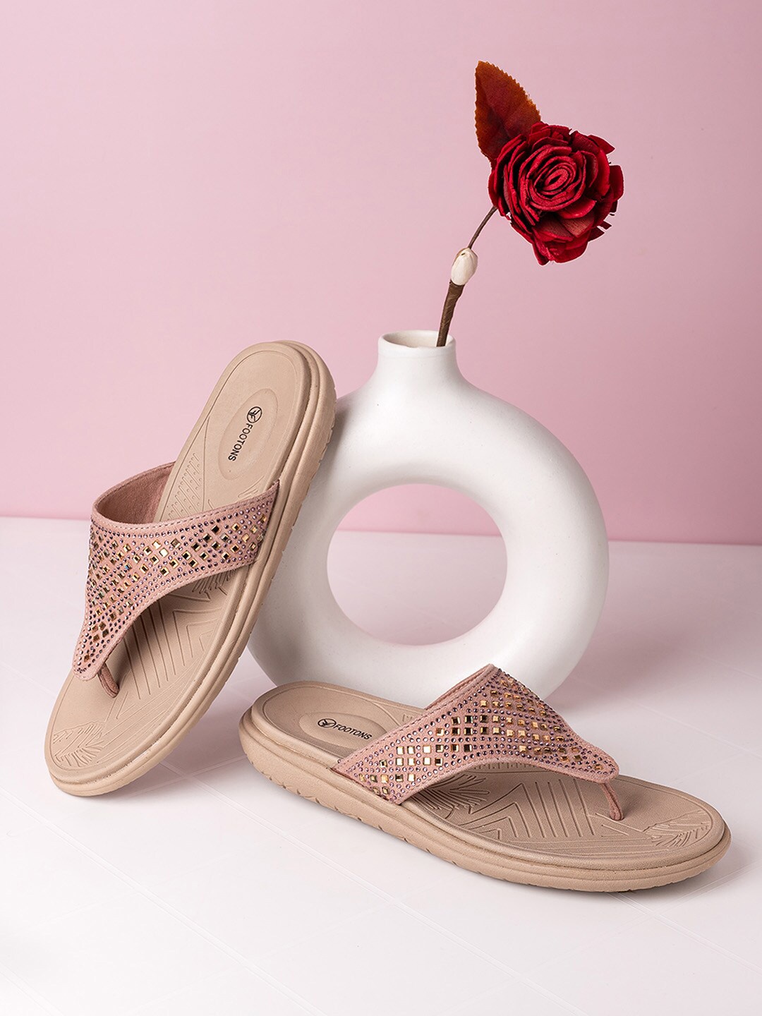 

FOOTONS Women Pink Embellished Open Toe Flats
