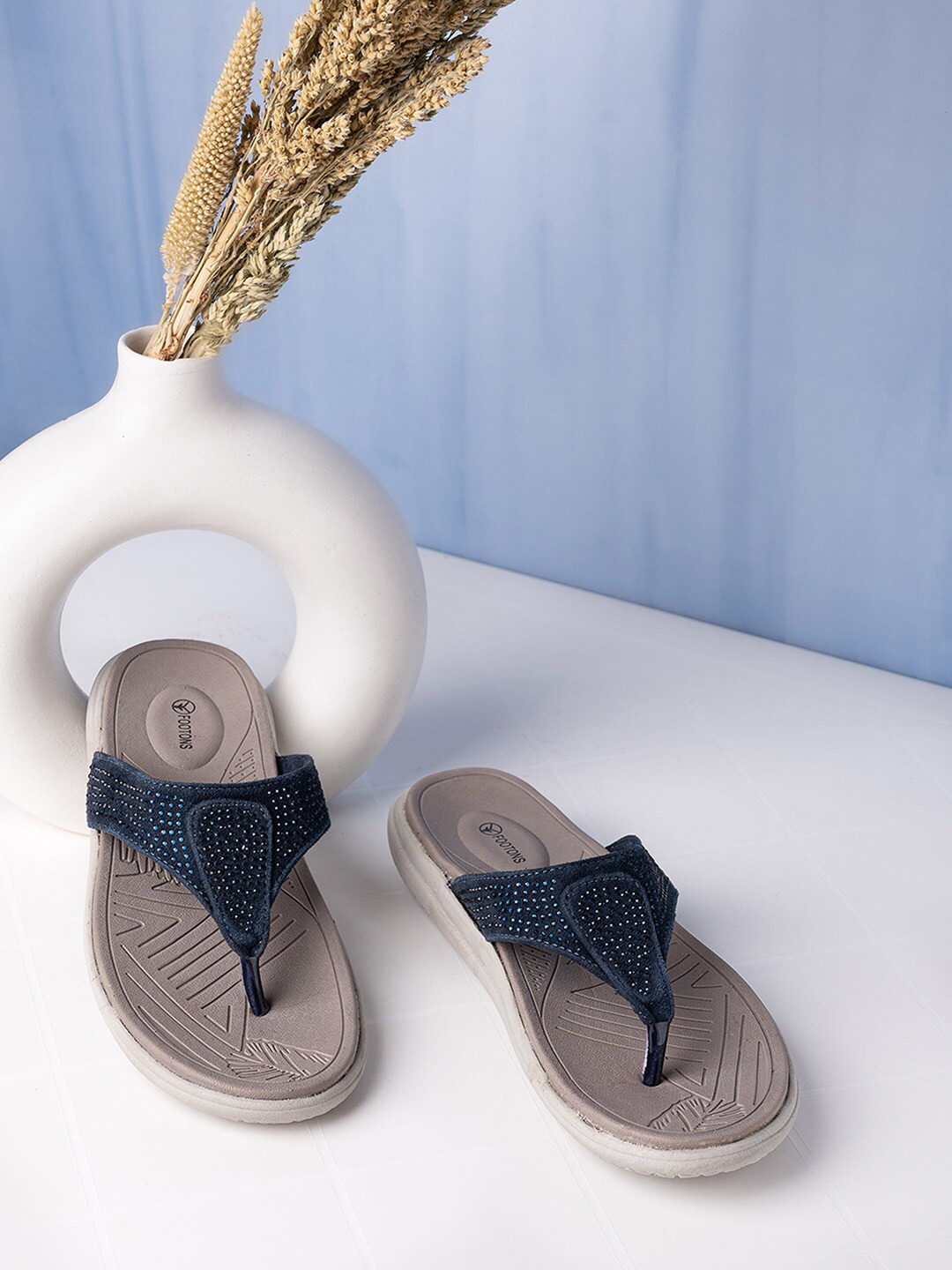 

FOOTONS Women Blue Textured T-Strap Flats