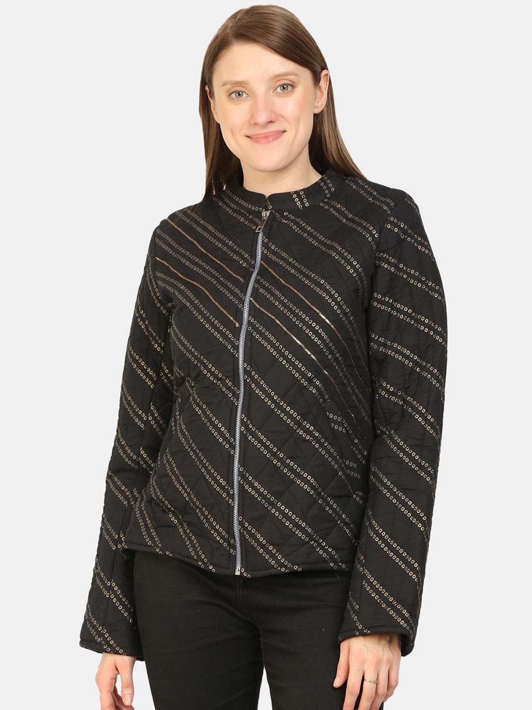 

bellamia Women Black Striped Bomber Jacket