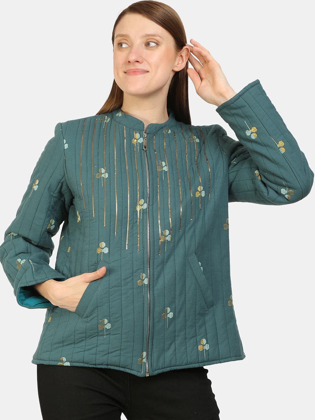 

bellamia Women Teal Striped Tailored Jacket