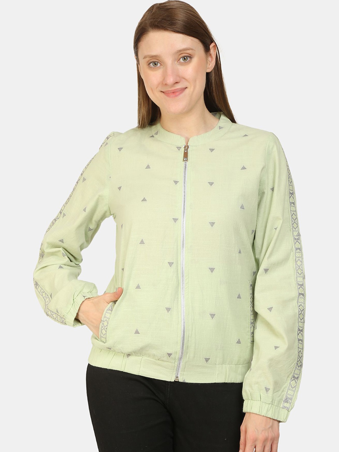 

bellamia Women Green Cotton Geometric Bomber Jacket
